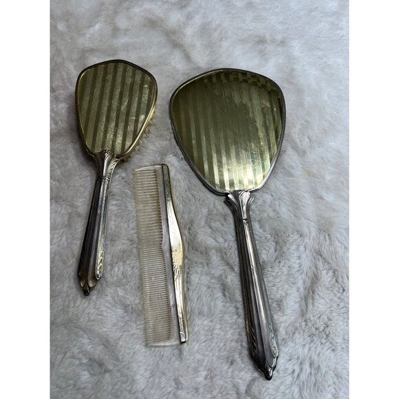 3 piece silver plated dresser set mirror, comb, hairbrush - Picture 2 of 5
